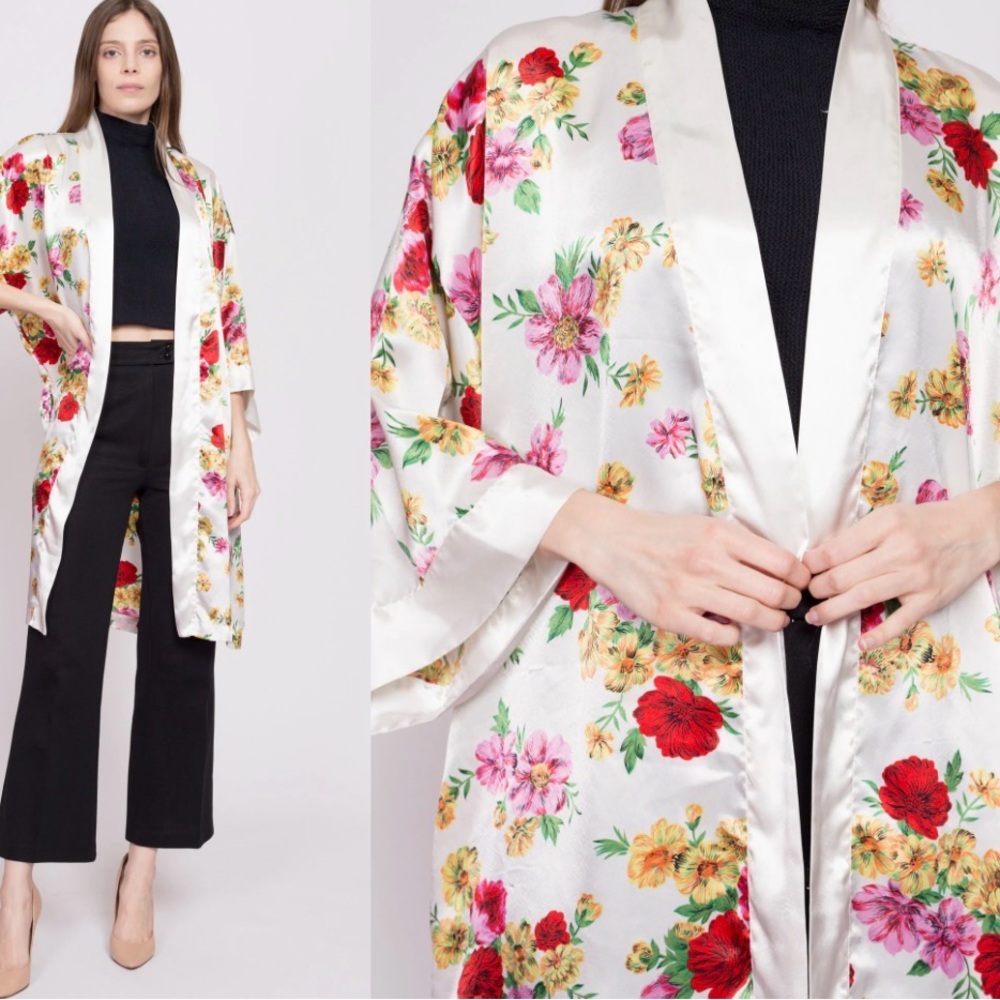 Victorias Secret Womens OSFM Robe Vintage Ivory Satin Floral Kimono Gold Label - Picture 4 of 10
